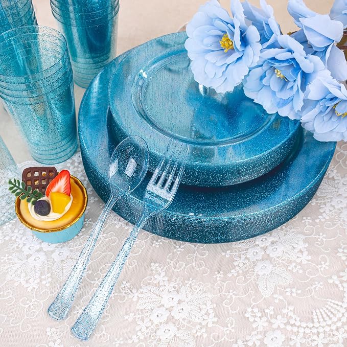 Rubtlamp 180Pcs Blue Glitter Dinnerware Set(30 Guests), Blue Plastic Plate With Gitter Disposable Silverware, Gitter Plate Set Include 30Dinner Platos, 30Dessert Platos, 90Cutlerys, 30Cups for Party