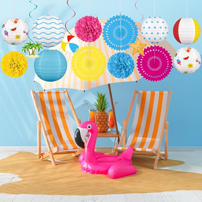 Renbuzhu 15Pcs Beach Party Decorations Paper Lanterns Fans Pom Poms Hanging Swirls Summer Pool Luau Hawaiian Tropical Decor Indoor Outdoor