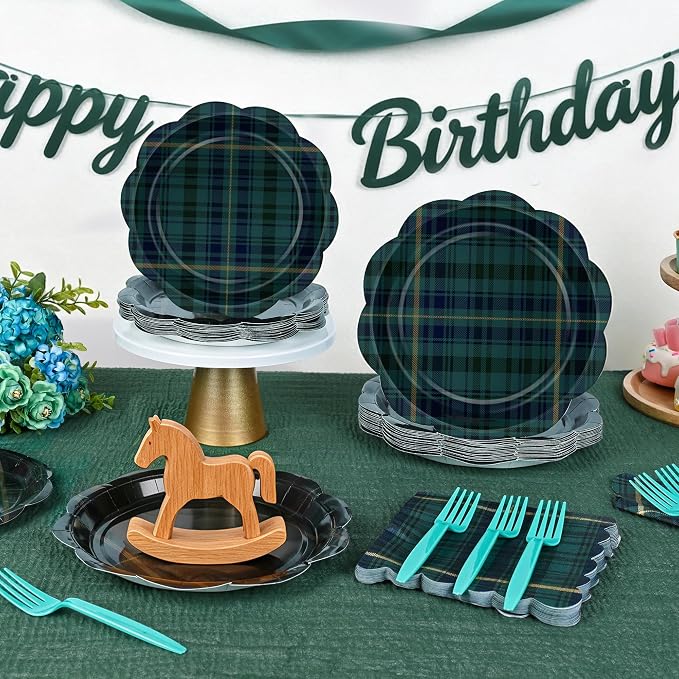 96 Pcs Tartan Plaid Baby Shower Plates and Napkins Set, Blue Green Baby Shower Party Supplies for 24 Guests include Disposable Green Tartan Scalloped Plates, Napkins and Forks for Baby Shower Wedding