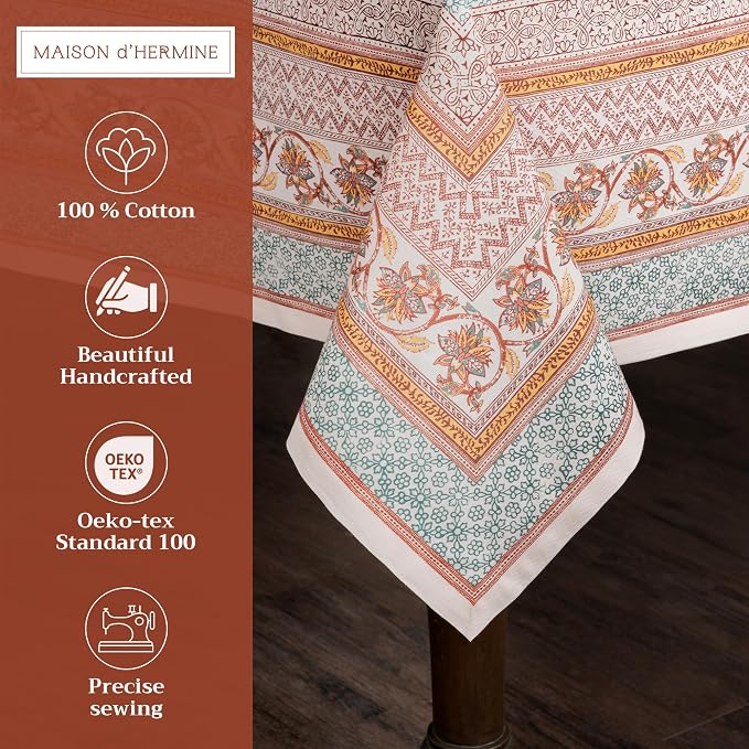 Maison d' Hermine Table Cloth Rectangle Table 100% Cotton 60 x 120 Inches Fall Tablecloth Reusable Everyday Use for Thanksgiving Christmas Decorations Dining Farmhouse Party (Nila)