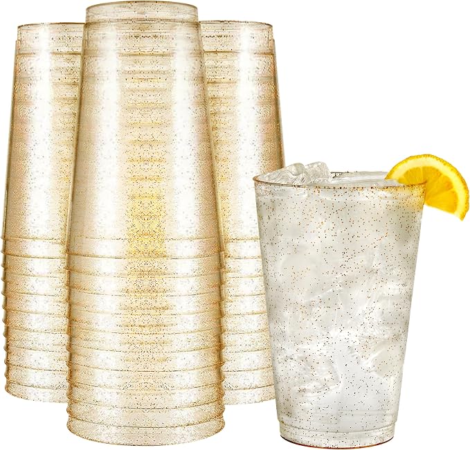 R-kay 14 oz Gold Glitter Plastic Cups For Party - 50 Pack Gold Plastic Cups - Hard Disposable Cups - Premium Heavy Duty Gold Cups - Disposable Cocktail Glasses - Party Cups (100 Pack, 14, OZ)
