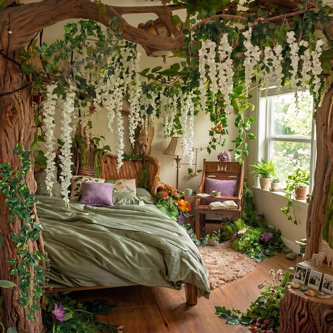 Bucherry Enchanted Decorations Set, Artificial Hanging White Wisteria Vines Greenery for Classroom, Wisteria Flower Ceiling Fairy Party Indoor Outdoor Home Garden DIY Decor