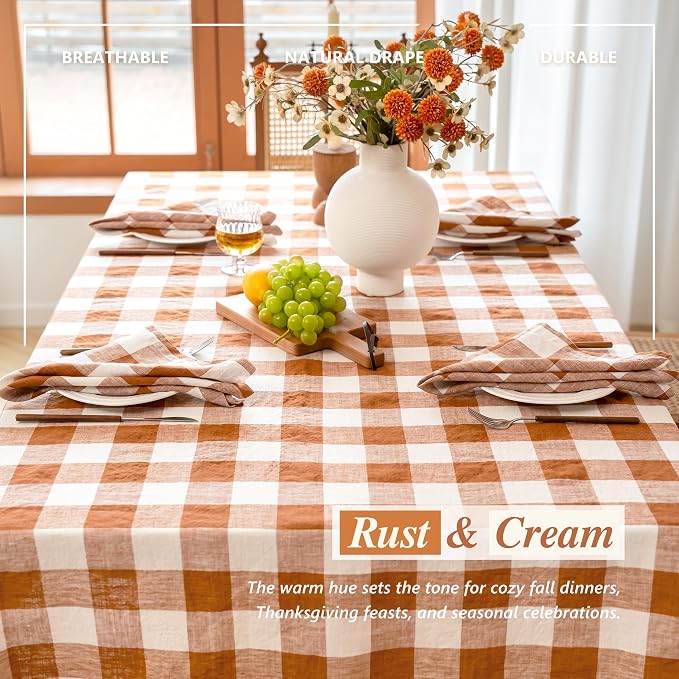 Linen World Gingham Tablecloth – Buffalo Plaid Linen Tablecloth 108" x 60" Inch,100% French Flax Table Cloth for Dining Table,Weddings,Thanksgiving & Christmas Decor,Rust Checkered