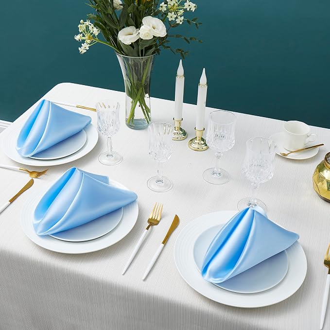 24 Pack Square Satin Dinner Napkins, 17x17 Inches Silky Soft Smooth Table Cloth Napkins for Restaurant Weddings Banquet Party Decoration, Light Blue