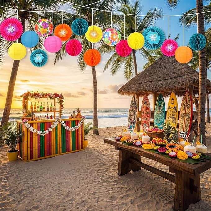 Retisee 18 Pcs Tropical Hibiscus Party Decorations Kit Colorful Hibiscus Flower Paper Lanterns Tropical Flower Hanging Paper Fans Luau Party Hanging Honeycomb Ball for Summer Hawaiian Decor Supplies