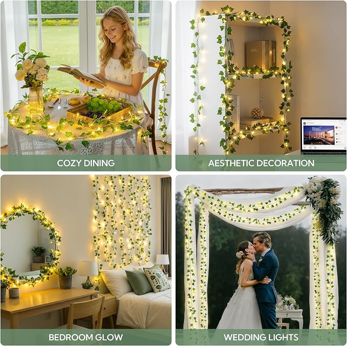 HEYFUNi Vines with Lights 23FT, Fake Ivy String Lights Plug in | 73 Warm White LEDs, Artificial Ivy Leaf Lights For Bedroom, Wall, Balcony, Wedding, Party, Dorm, Aesthetic Decor