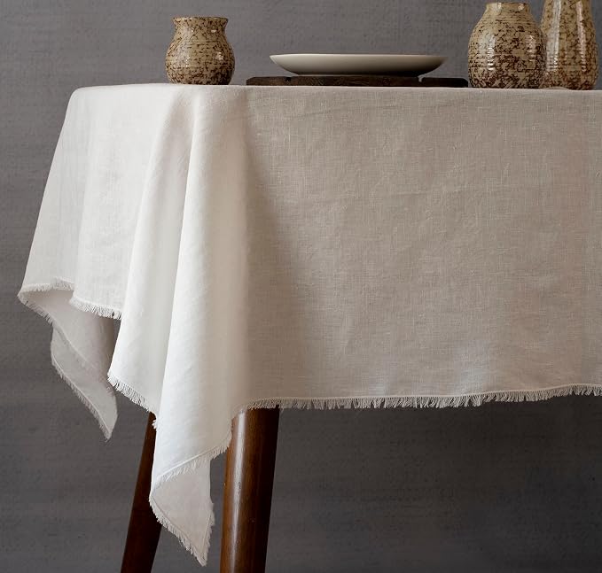 White Linen Tablecloths for Rectangle Tables with Fringe, 55x108 Inch 100% Pure Linen Table Cloth for Wedding, Party, Easter,Thanksgiving, Christmas Indoor,Outdoor Machine Washable