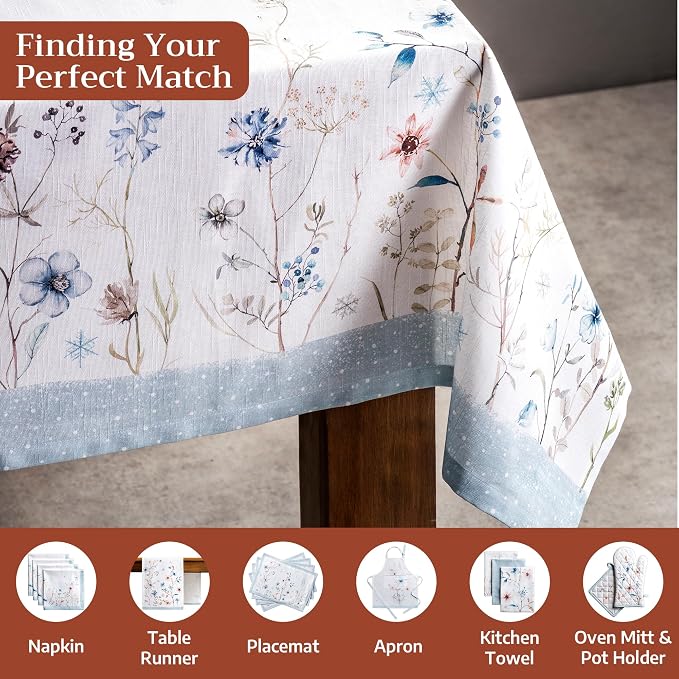 Maison d' Hermine Table Cloth Rectangle Table 100% Cotton 54 x 72 Inches Fall Tablecloth Reusable Everyday Use for Thanksgiving Christmas Decorations Dining Farmhouse Party (Ice Florals)