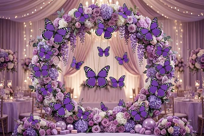 Chuangdi 12 Pcs Large Purple Monarch Butterfly Decorations 3 Size 12inch, 9inch, 6inch Fake Butterflies Realistic Butterfly Craft Artificial Mariposas Wall Decor for Craft Wedding Home Birthday Party