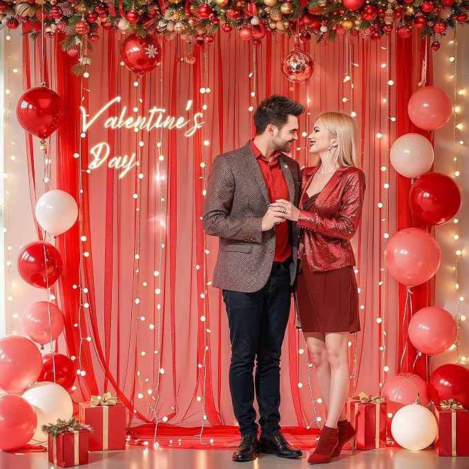 20x10ft Red Tulle Backdrop Curtain with Lights String for Parites, Sheer Photo Backdrop Curtains with Lights for Christmas Wedding Ceremony Reception Bridal Shower Baby Shower Birthday Party