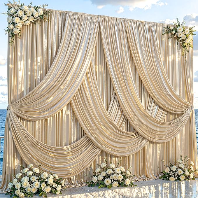 40x10ft Champagne Gold Glitter Backdrop Curtain for Parties, Wrinkle Free Satin Photo Backdrop Drapes 8 Panels Shimmer Back Drop Cloth for Wedding Birthday Baby Shower Photography Background Decor