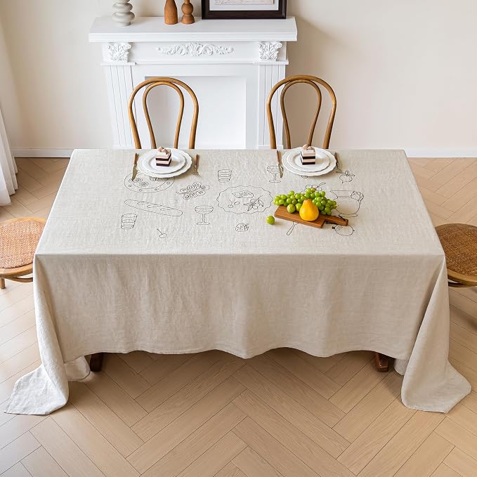 Linen World Embroidered Linen Tablecloth Large 70x157inch,100% French Linen Pre-Washed Table Cloth,Natural Flax Table Cover for Elegant Dining,Banquet Embroidery