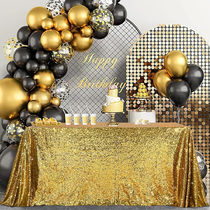 B-COOL Black Gold Sequin Tablecloth - 60x102 Inch Sequin Rectangle Table Cover for Valentines Cake Dessert Exhibition Party Birthday Events Banquet