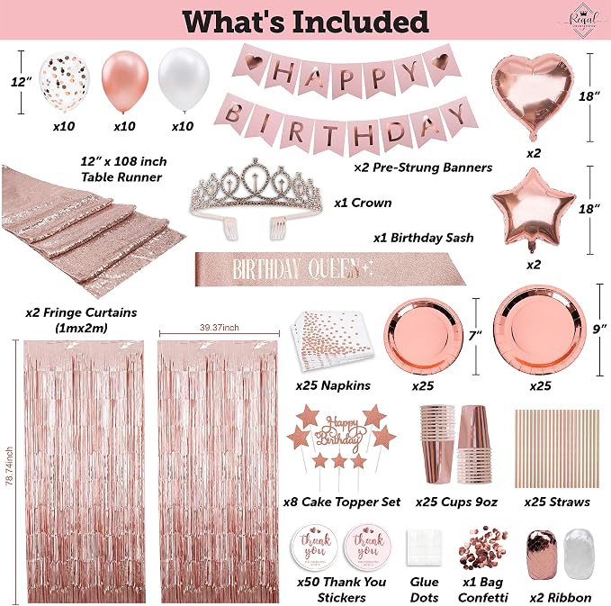 225 PC Rose Gold Birthday Party Decorations Kit for Girls, Teens, Women - Happy Birthday Banner, Curtains, Table Runner, Balloons, Sash, Tiara, Cake Topper, Plates, Cups, Napkins, Straws for 25 Guests