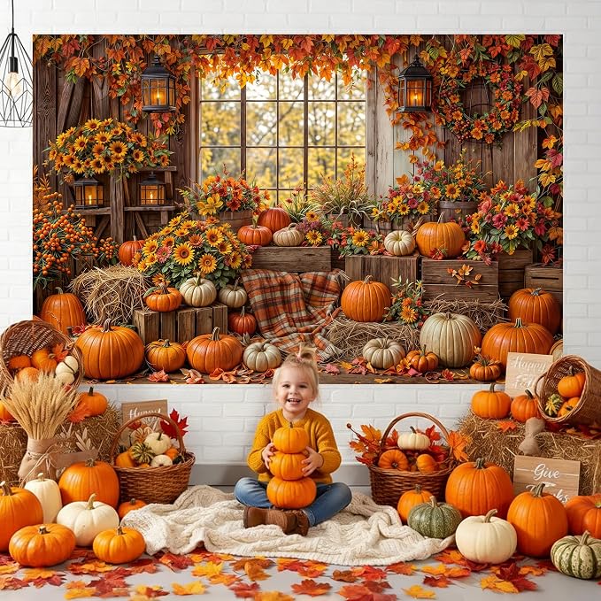 15 x 10 ft Fall Backdrop Autumn Rustic Wooden Floor Barn Window Pumpkin Maple Leaves Sunflower Background Thanksgiving Farm Harvest Photoshoot Portrait Photo Backdrops Decorations