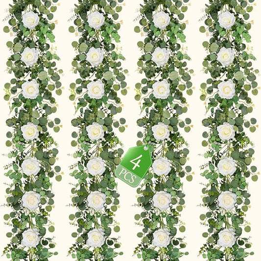 Livole 4Pcs 26 FT Artificial Flower Garlands Real Touch Fake Floral Silk White Rose Garland Hanging Vine for Wedding Table Centerpieces Party Arch Ceremony Garlands Backdrop Decor