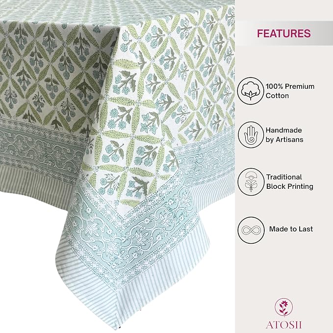 ATOSII Netta Green 100% Cotton Rectangle Spring Summer Tablecloth, Handblock Floral Print Linen Table Cloth for Kitchen Dining I Parties, Weddings, Outdoors, Easter Decor 60 X 90 Inches, 6 Seater