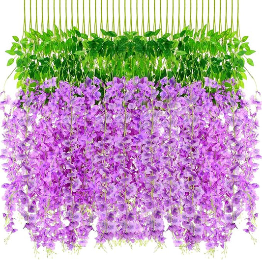 Yunsailing 108 Pack 43.2 in/ 3.6 ft Artificial Fake Wisteria Hanging Flowers Wisteria Faux Flowers Garland Silk Vine Rattan Long Hanging Flowers String for Home Outdoor Wedding Party(Pale Lilac)