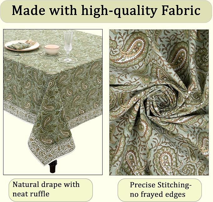 Ridhi Block Print Nostalgic Naturals Rectangle Cotton Tablecloth 190" x 72" Reusable Table Cover Decorative Everyday Use for Dining, Farmhouse, Home Gift for Spring, Easter, Valentine