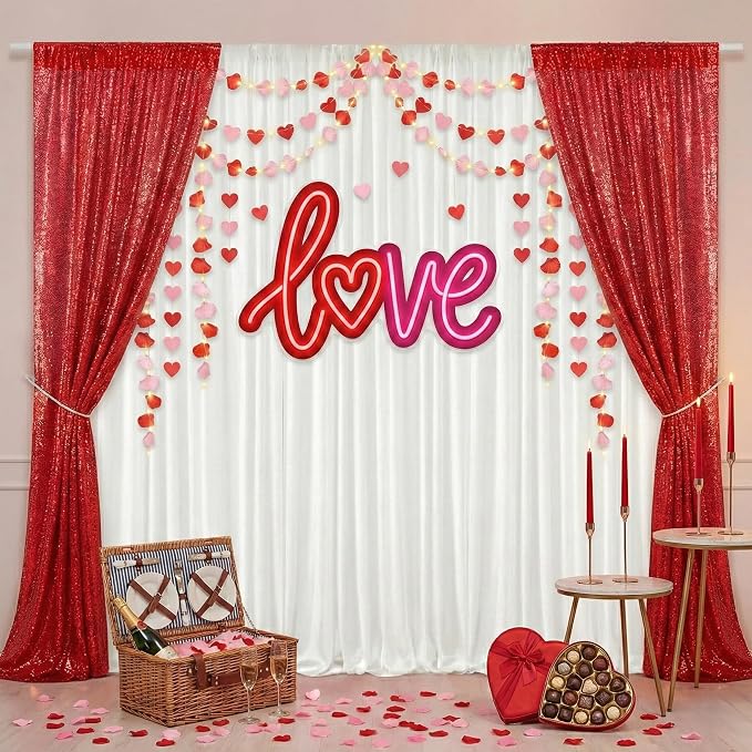 PartyDelight Red Sequin Backdrop Curtains 2x8ft 2 Panels | 3mm stitched sequin curtain with 4 inch rod pocket for 2x8ft 2 panel doorway window side drape narrow photo booth strip