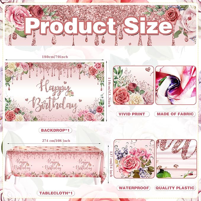 Rose Gold Birthday Party Decoration, 91 PCS Happy Birthday Pink Party Supplies for Girls Women (Banner Backdrop Tablecloth Fringe Curtains Balloons Garland Paper Tassels Garland Paper Pompoms)