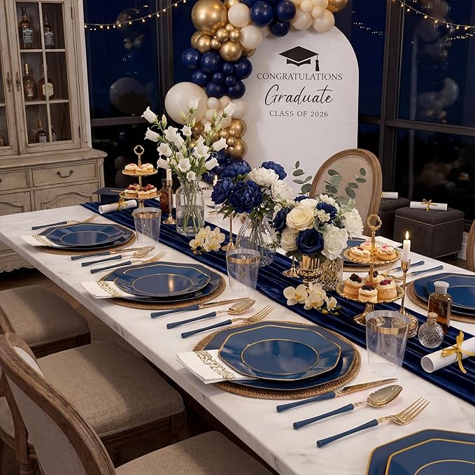 KIRE 140Pcs Blue Plastic Plates with Gold Rim - Gold Disposable Plastic Silverware with Blue Handle&Clear Cups&Hand Napkin - Geometric Party Plates for Passover/Party/Graduation