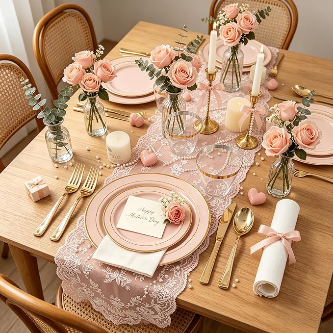 GATHER 700PCS Pink Plastic Plates - Gold Rim Disposable Plastic Dinnerware Set Include 200 Pink Plates, 300 Silverware, 100 Napkins, 100 Cups for Party & Wedding & Mother's Day