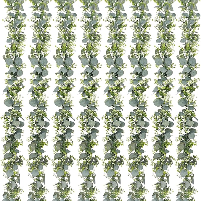 8 Pack Eucalyptus Garland, Faux Plant Artificial Greenery Garland with White Flowers 5.9Ft Eucalyptus Vine Table Centerpiece Decor Fake Vines for Home Mantle Party Wedding Decor Indoor/Outdoor