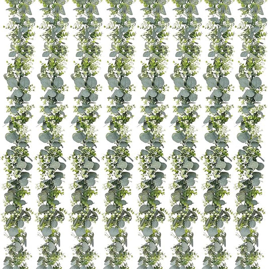 8 Pack Eucalyptus Garland, Faux Plant Artificial Greenery Garland with White Flowers 5.9Ft Eucalyptus Vine Table Centerpiece Decor Fake Vines for Home Mantle Party Wedding Decor Indoor/Outdoor