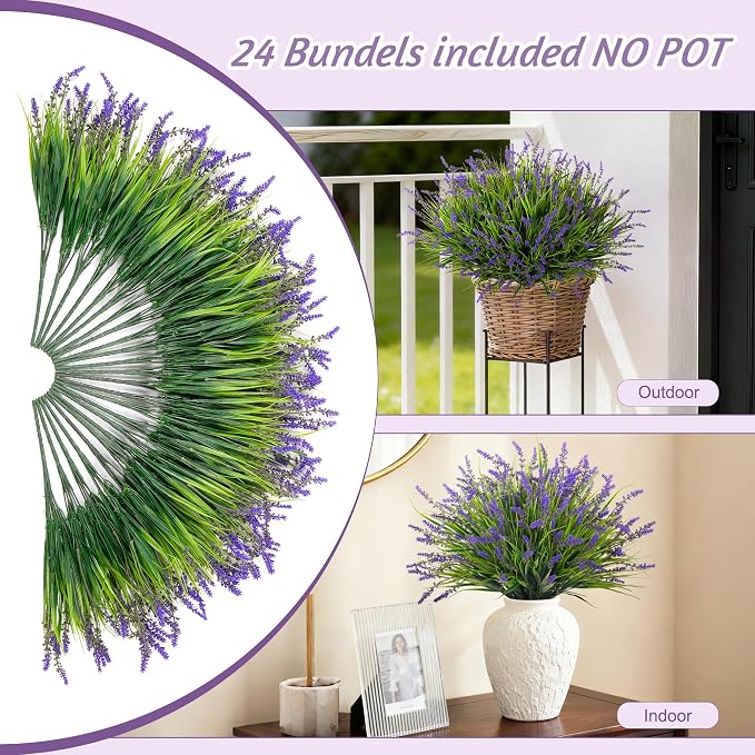 Ammyoo 24 Pcs Artificial Faux Plants for Outdoor Spring Decoration, Fake Monkey Grass for Garden Porch Balcony Planters, Fake Greenery Shrubs UV Resistant No Fade Plants Bush for Pathway(Purple)
