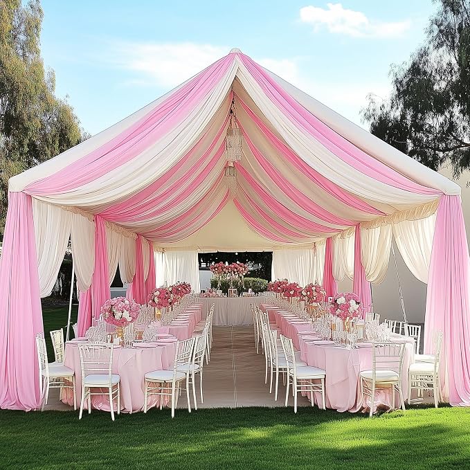 6 Panels 5x20ft Pink Ceiling Drapes for Wedding Parties, Wrinkle Free Ceiling Curtains Thick Polyester 20 ft Long Canopy Tent Draping Fabric Arch Drapery for Birthday Big Party Events