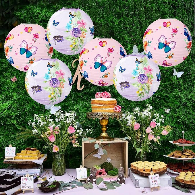 Butterfly Paper Lanterns Butterfly Hanging Decorations Round Pink Paper Lanterns Ceiling Decorations for Birthday Baby Shower Theme Party Supplies Room Decor
