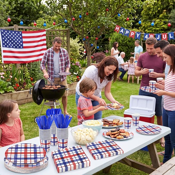 Shellwei 350 Pcs 50 Guests 4th of July Patriotic Tableware Set Red White Blue Buffalo Plaid Disposable Paper Plates, Napkins, Cups & Plastic Utensils for Independence Memorial Day Party Decorations