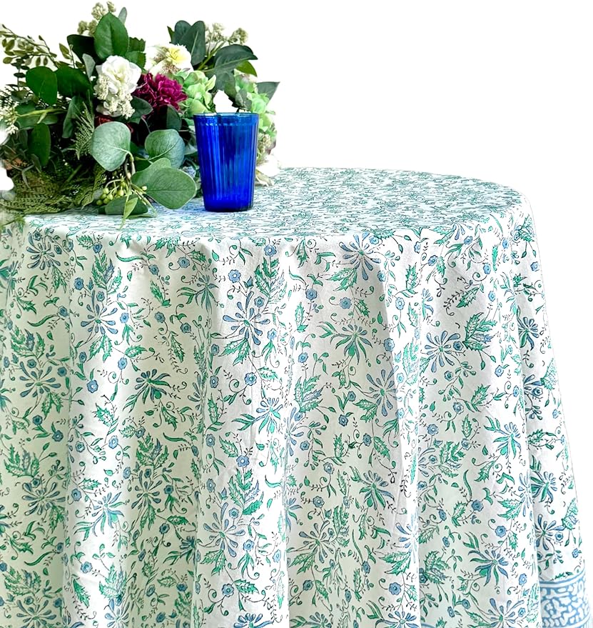 ATOSII Aster Blue 100% Cotton Round Tablecloth, Handblock Print Floral Table Cloth for Kitchen Dining Linen I Parties, Weddings, Outdoors, Easter, Spring Summer Decor I 90" Inches Round