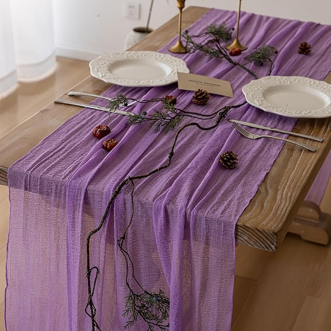Keketoarrange Spring Table Runner Lavender Gauze Rustic Boho Lilac Cheesecloth Grape Table Runner 120 Inch 10 FT for Wedding Baby Bridal Shower Birthday Party Long Sheer Summer Home Decorations