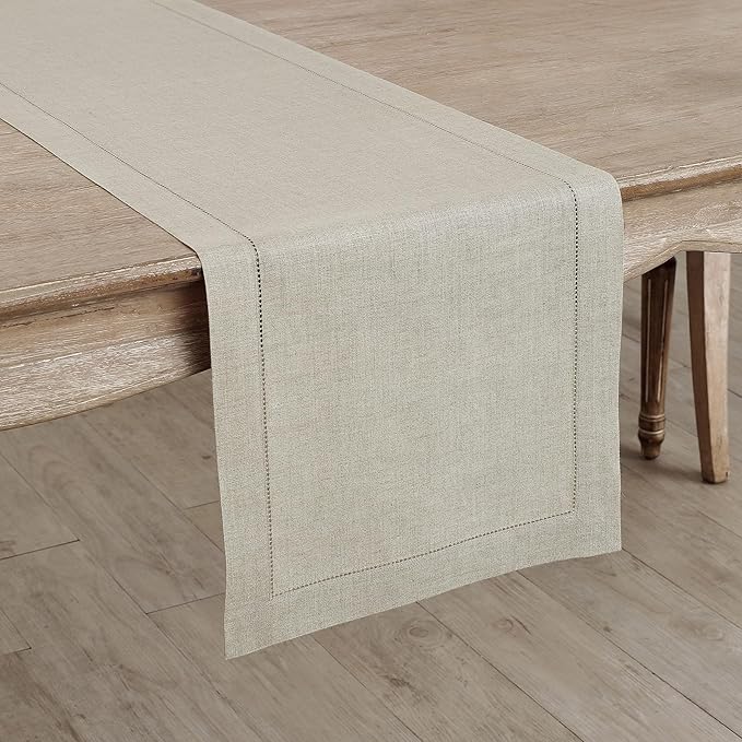 Solino Home Linen Natural Table Runner 48 Inches - Classic Hemstitch, 100% Pure Linen Coffee Table Runner 14 x 48 Inch Ideal for Dresser Tables - Spring, Summer, Mothers Day