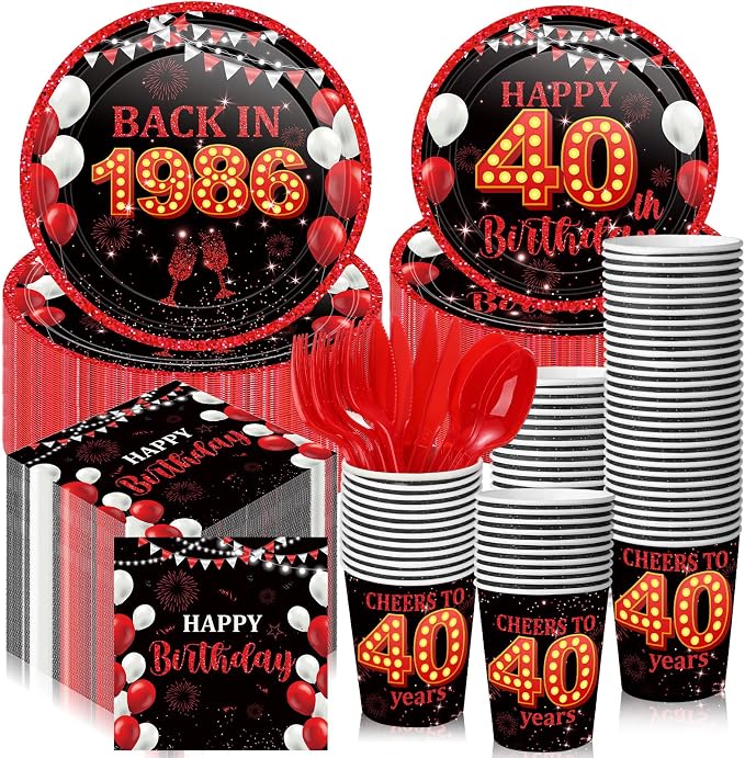 240 Pcs 40th Birthday Decorations 1986 Birthday Party Tableware Include Plates Napkins 9oz Cups Cutlery 40th Anniversary Party Supplies for Men Women Him Her, Serve 30 Guests (Black Red)