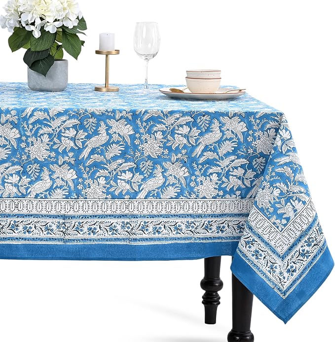 CPC Tablecloth 100% Cotton 72x190 Inch Indian Block Print Rectangle Table Cover, Washable Table Cloth for Weddings, Spring/Summer, Barbeque - Blue Sapphire