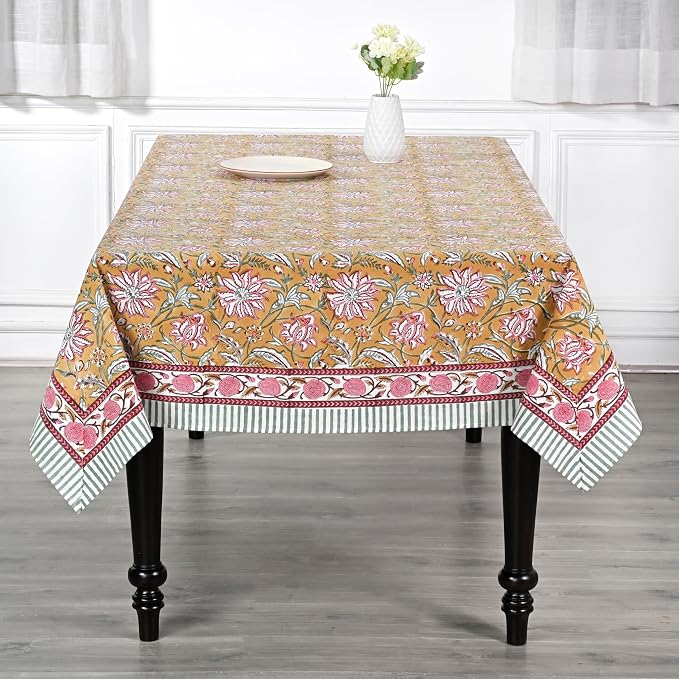 Ridhi Biscotti Yellow Hand Block Print Cotton Rectangle Tablecloth 90" x 60" inches Reusable Table Cover Decorative Everyday Use for Dining Room, Farmhouse, Home Gift for Spring, Mother's Day