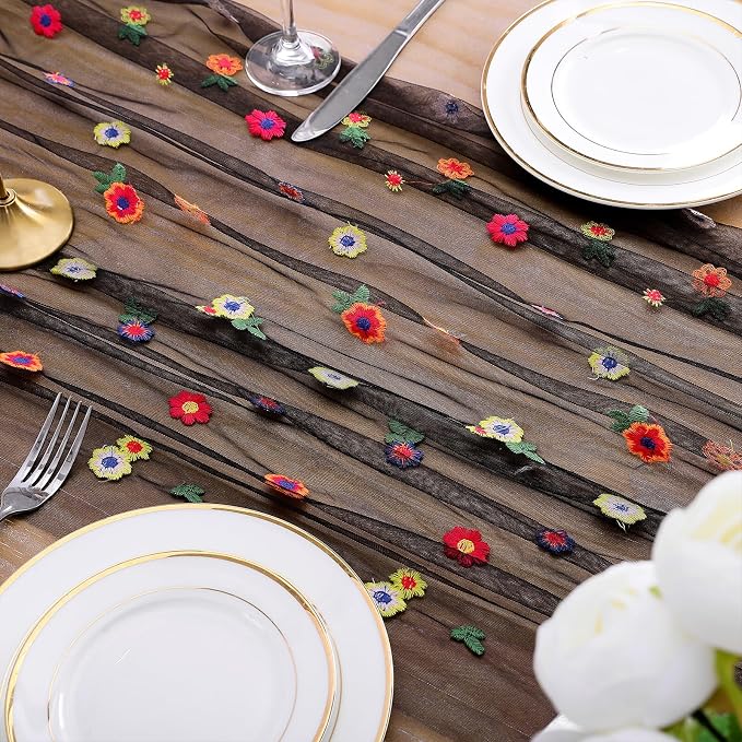 QueenDream Black Table Runner Floral Gauze Tulle Fabric 120 Inch 10FT Seasonal Sheer Overlay for Spring Kitchen Wedding Birthday Party Dining Table Decor