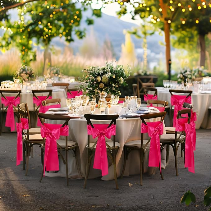 10 Pcs Rose Red Satin Chair Sashes Bows Universal Chair Cover for Wedding Reception Events Banquets Party, Hotel Event Decorations, 6 x 108 inch