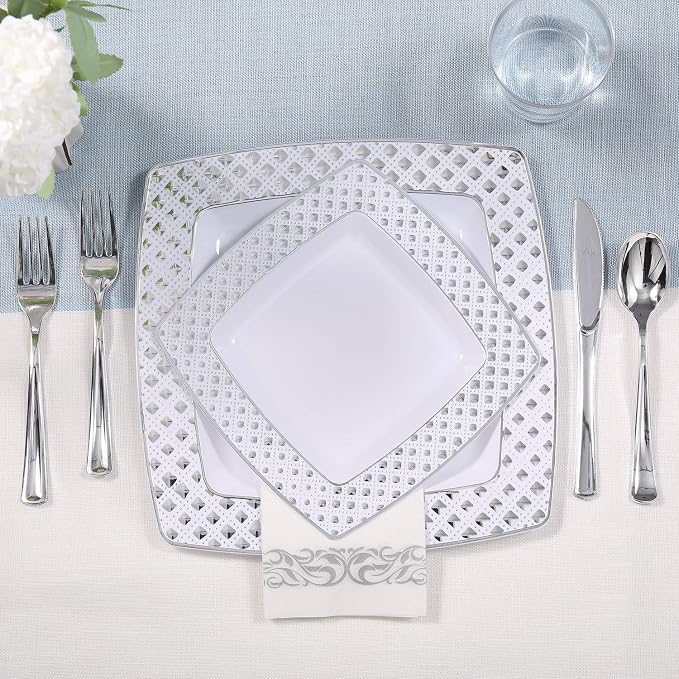 FOCUSLINE 175 Count Silver Dinnerware Set for 25 Guests, Disposable Square Plastic Plates with Diamond Rim, Includes 25 Dinner & Dessert Plates, Napkins, Cups, Cutlery Set for Wedding Parties