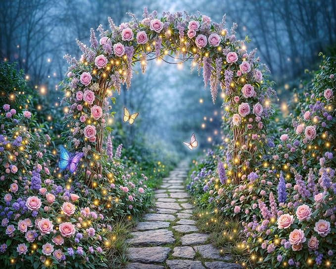 15x10ft Enchanted Forest Backdrop Fairy Tale Magic Garden Floral Arch Butterfly Photography Background for Kids Girls Baby Shower Birthday Party Decoration Photo Booth Props