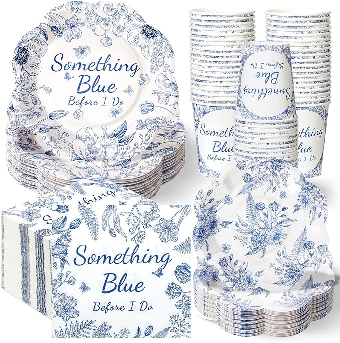 Newtay 250 Pcs Something Blue Bridal Shower Decorations Scalloped Blue and White Floral Plates and Napkins Bridal Shower Disposable Paper Tableware Set for 50 Guests for Wedding Engagement Party