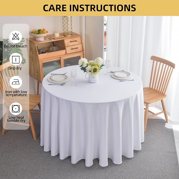 6-Pack Round 90-inch White Table Cloths, Solid Stain and Wrinkle Resistant Circular Tablecloth, Premium Plain Weave Polyester Fabric Table Linen Covers for Hotel, Banquet