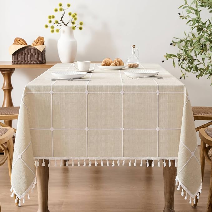 ZeeMart Boho Grid Table Cloth with Tassels (Light Tan, 60" x 60"), Heavy Weight Linen Checked Embroidered Farmhouse Tablecloth, Water Resistant Square Beige Tablecloths