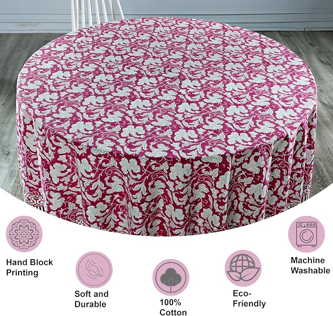 Ridhi Round Tablecloth Hand Block Print 100% Cotton Reusable Deep Pruce Red 60 Inch Table Cover Decorative Everyday Use for Dining, Home, Party, Wedding, Farmhouse, Party Gift for Spring, Mother's Day