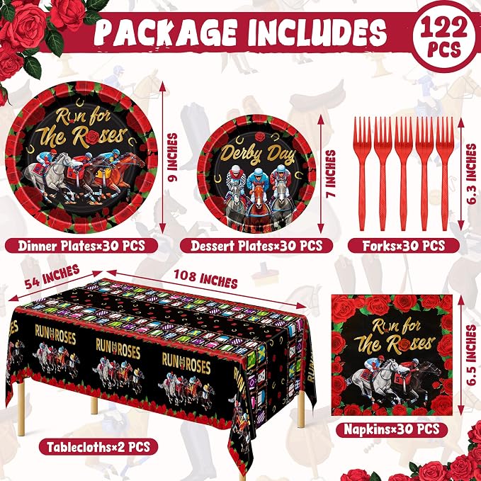 QZYL 122 PCS Derby Party Supplies, Disposable Derby Plates Tablecloths Forks Horse Napkins Set, Run for The Rose Kentucky Racing Horse Decorations for Party Tableware Supplies, Serves 30
