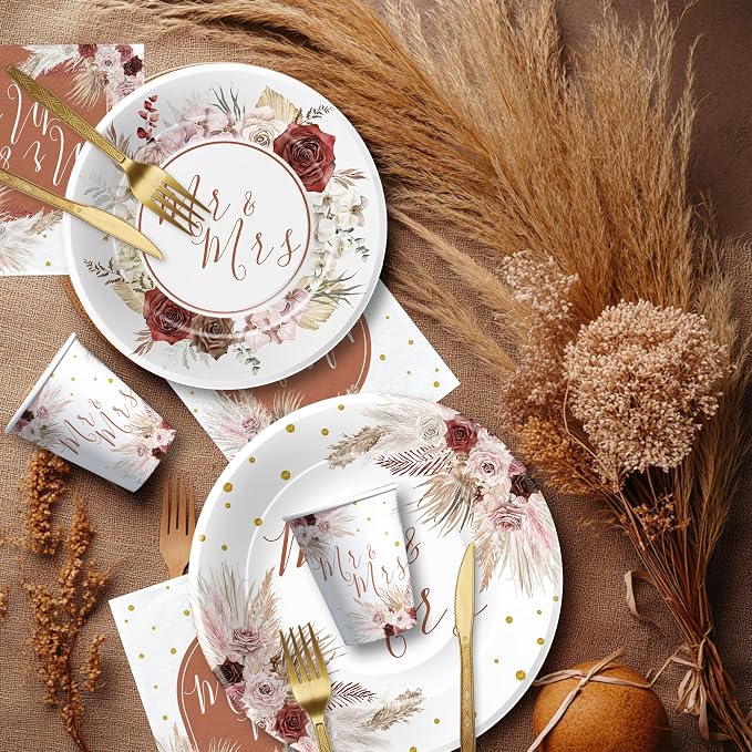 Mr And Mrs Bridal Shower Decorations Tableware, Mr Mrs Boho Wedding Party Supplies, Paper Plate, Cup, Napkin, Cutlery, Pampas Grass Theme Bridal Shower Table Decorations, Serves 24