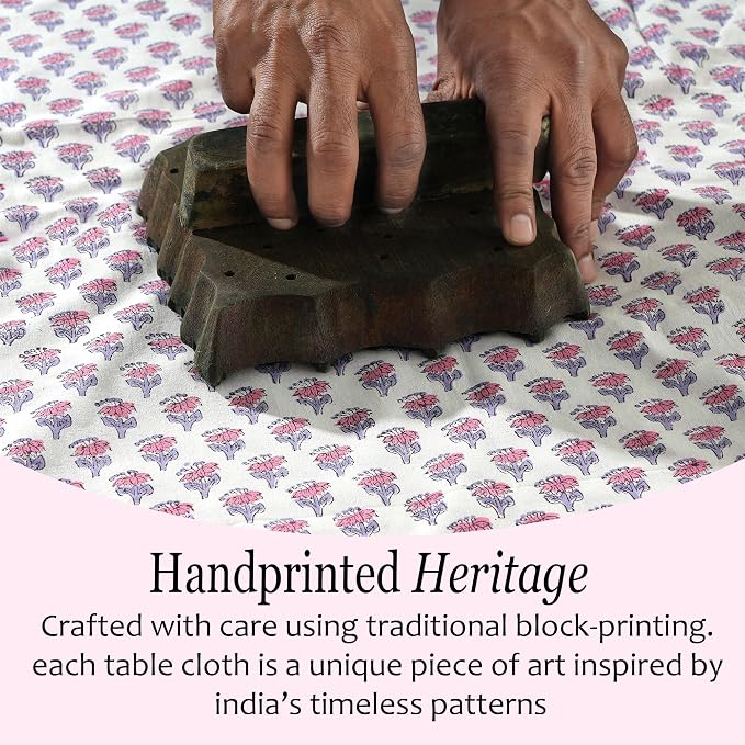 CPC Tablecloth 100% Cotton 60x90 Inch Indian Block Print Rectangle Table Cover, Washable Table Cloth for WeddingsSpring/Summer, Barbeque - Pink Sapphire